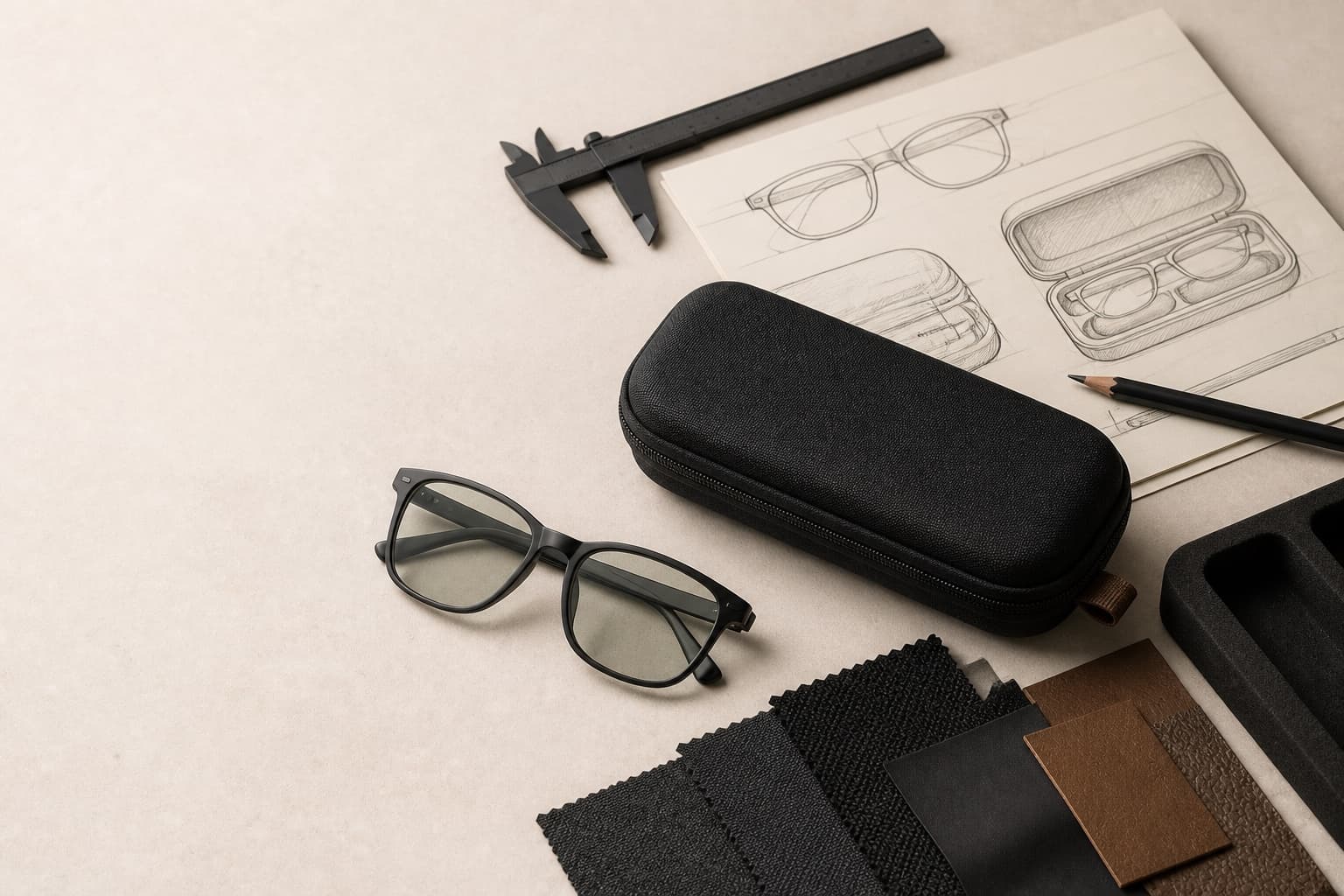 Smart eyewear case design workbench with materials and product sketches