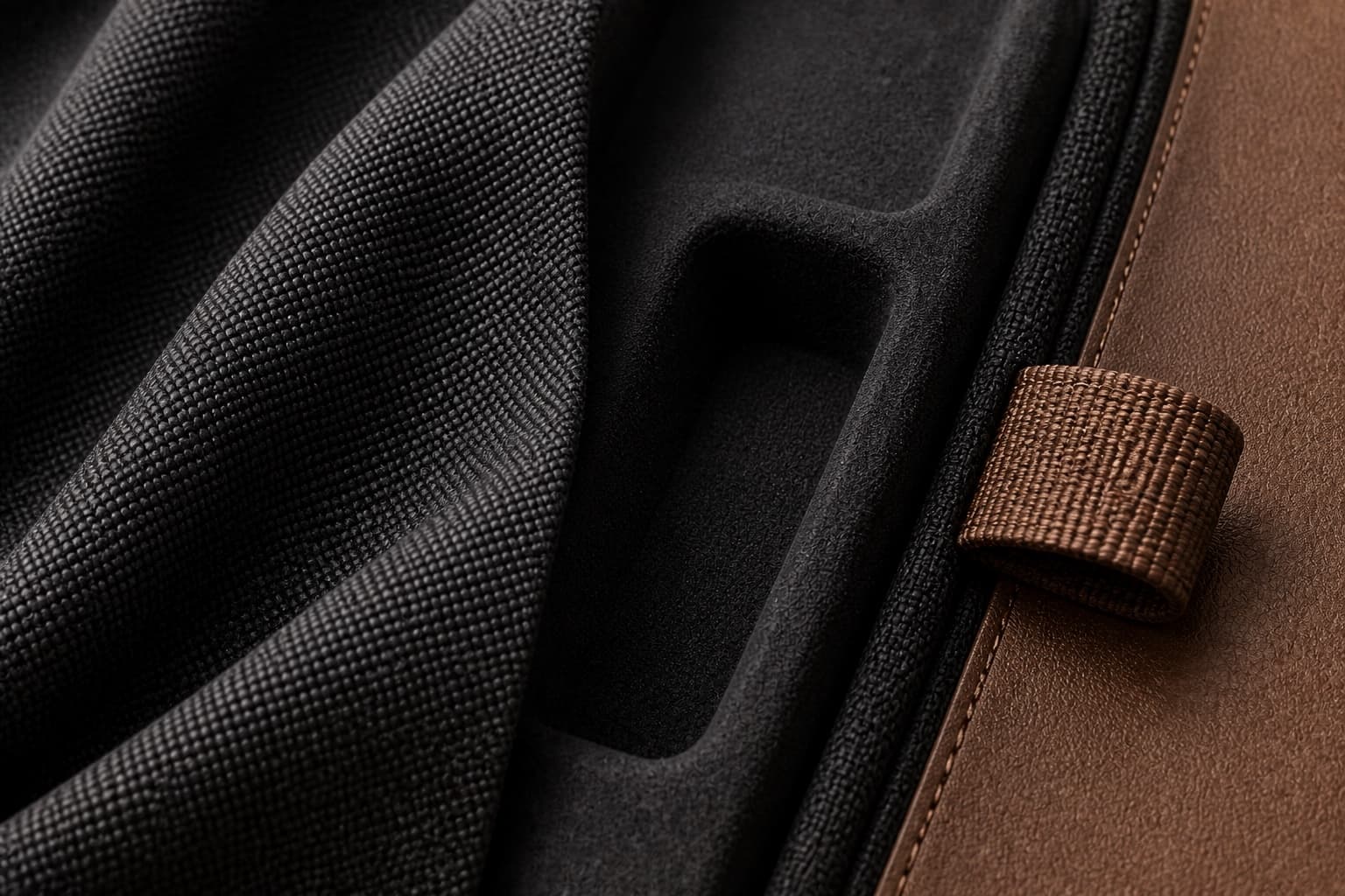 Close view of structured smart eyewear case materials and technical surfaces